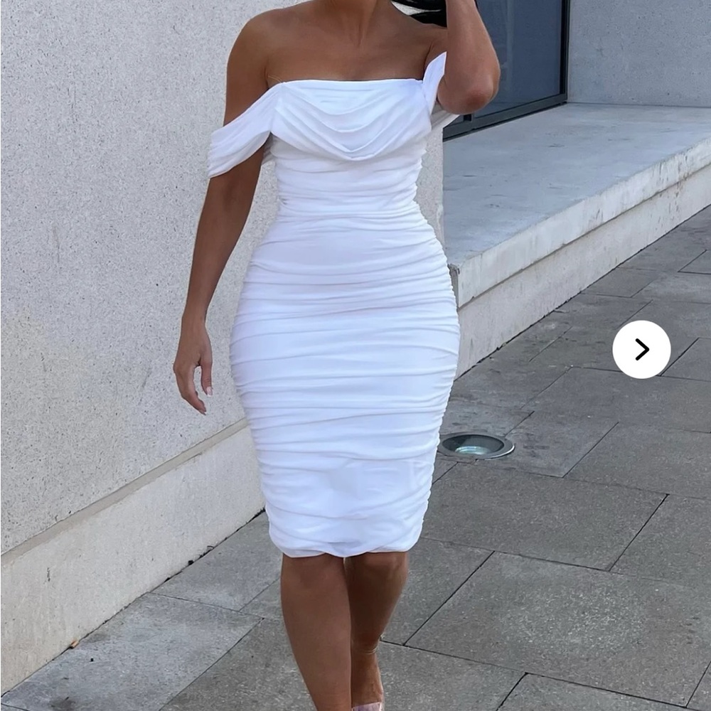 Fashion Nova White Ruched Bad for the Night Midi Dress